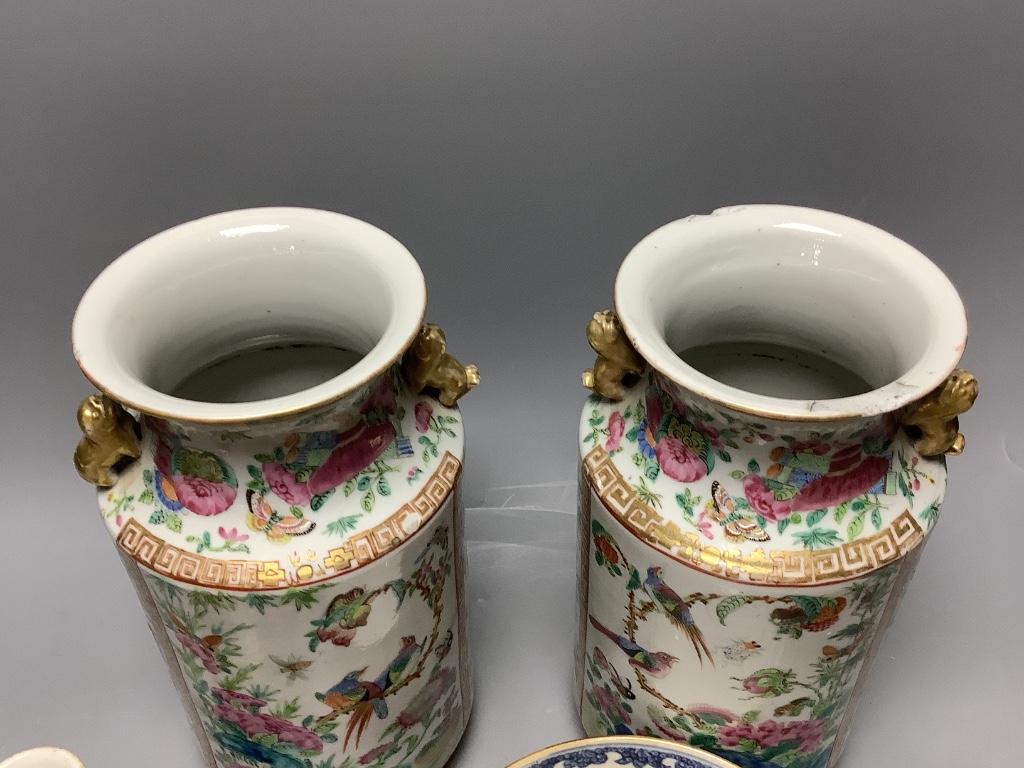 A pair of Chinese Canton Export polychrome-decorated cylindrical vases and sundry other Asian ceramics